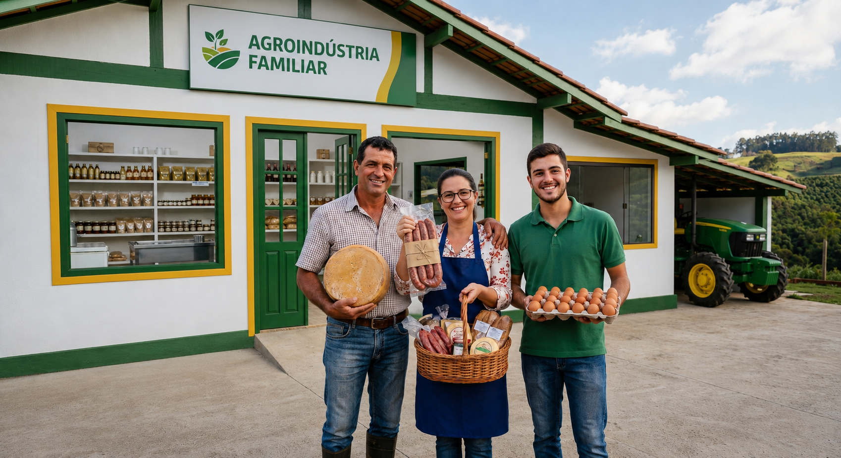 Família de produtores rurais em frente à agroindústria familiar, exibindo queijo, embutidos, ovos e cesta de produtos artesanais